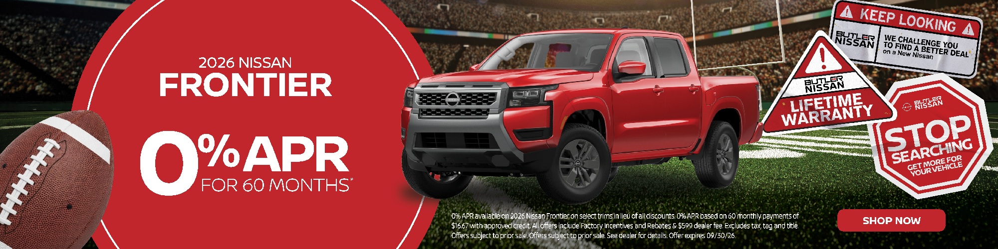 2026 Nissan Frontier finance special at Butler Nissan featuring 0% APR for 60 months on select model
