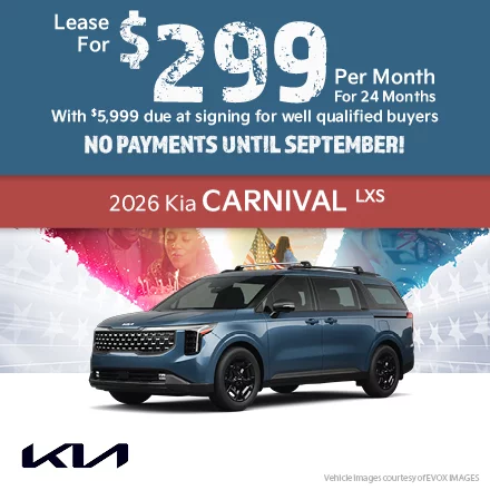 2026 Kia Carnival LXS   Lease for $190 per month for 24 months with $5,999 due at signing for well qualified buyers