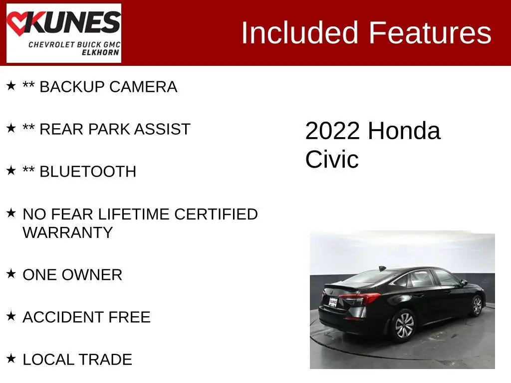 Used 2022 Honda Civic LX with VIN 2HGFE2F23NH538583 for sale in Elkhorn, WI