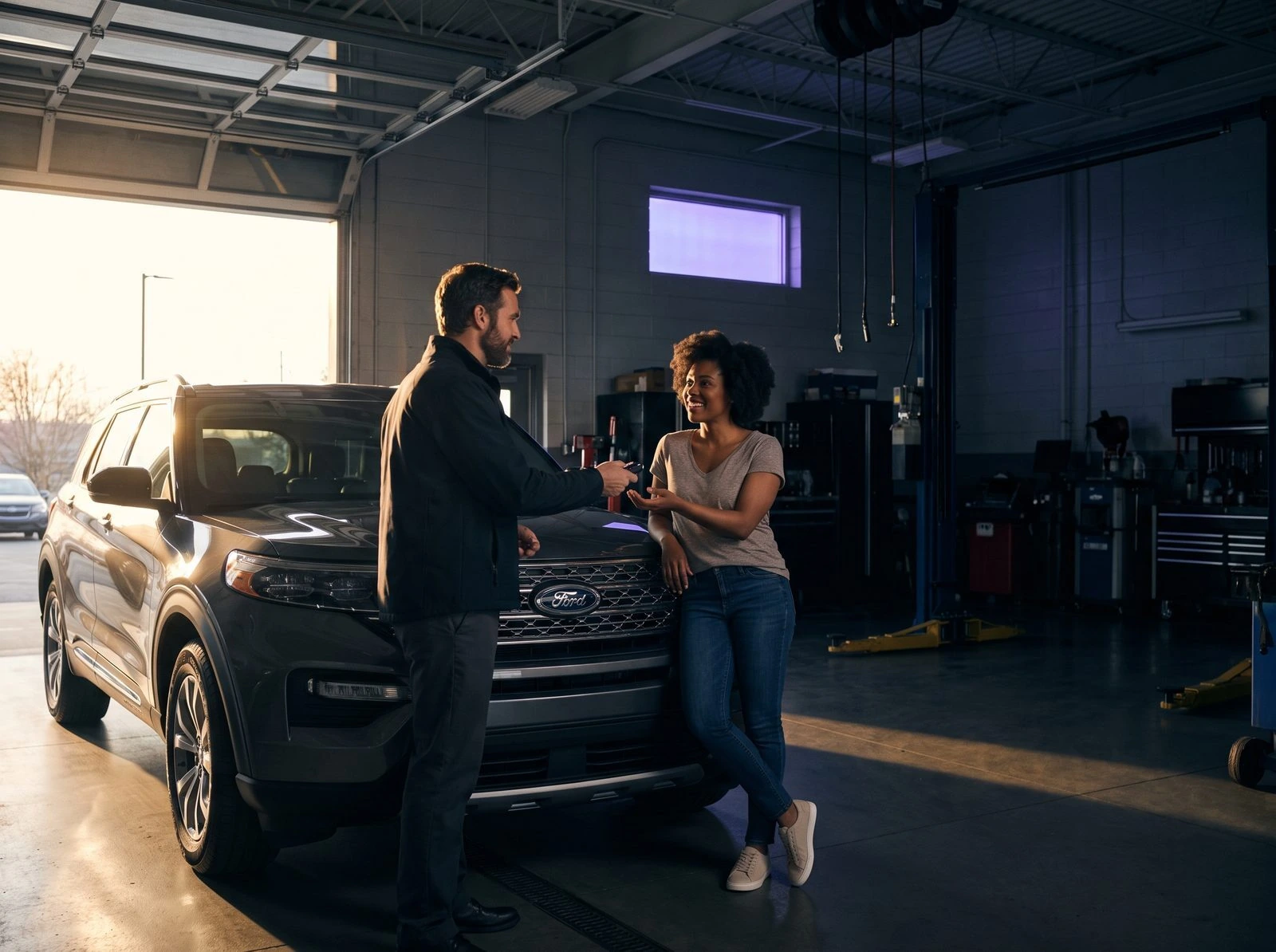 Service advisor handing keys to a customer beside a Ford Explorer in the Tom's Ford service lane, Keyport NJ