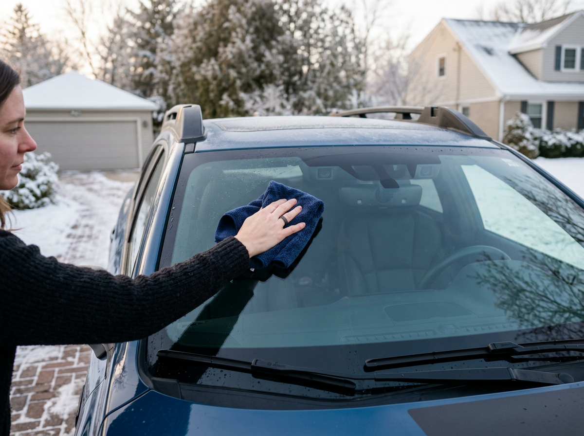 Driver using a smartphone app to start the car remotely on a cold day