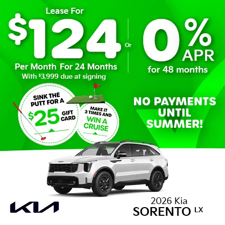 2026 Kia Sorento LX Lease for $124 per month with $3,999 due at signing Or 0.0% APR for 48 months