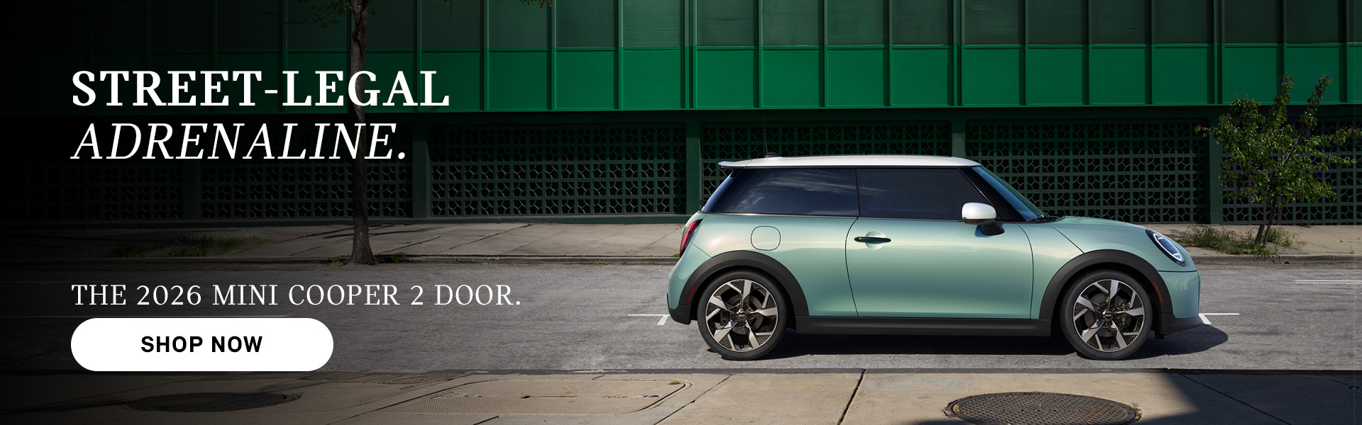 Mint green MINI Cooper 2-door parked on a city street with building backdrop, with ad text promoting the 2026 model and a “Shop Now” button.