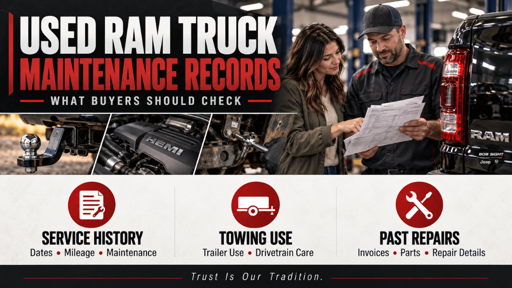 Used Ram truck maintenance records guide highlighting service history, towing use, and past repairs for Lawrence, KS buyers