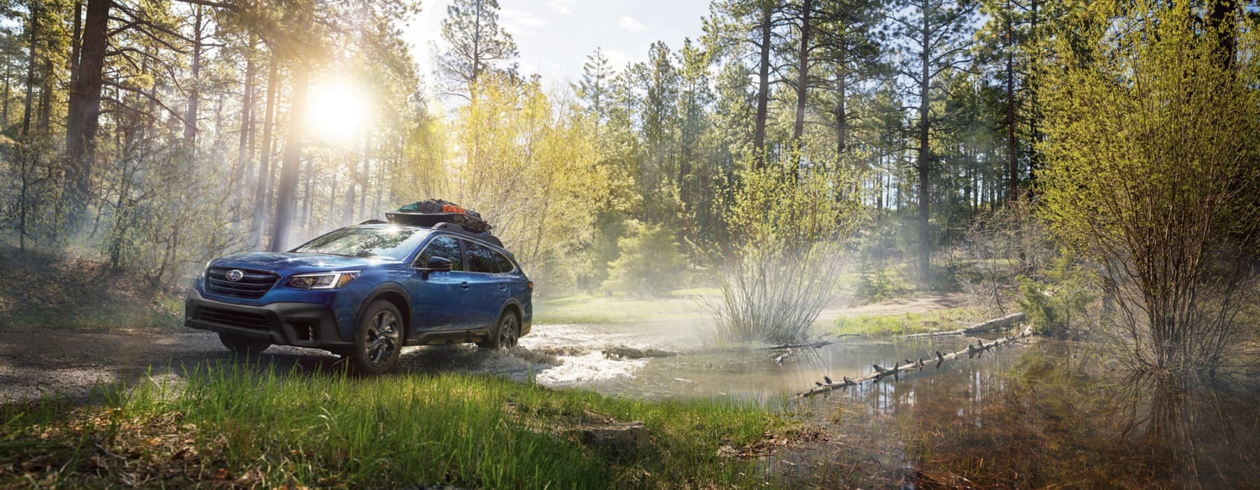 Blue Subaru Outback parked in a sunlit forest clearing