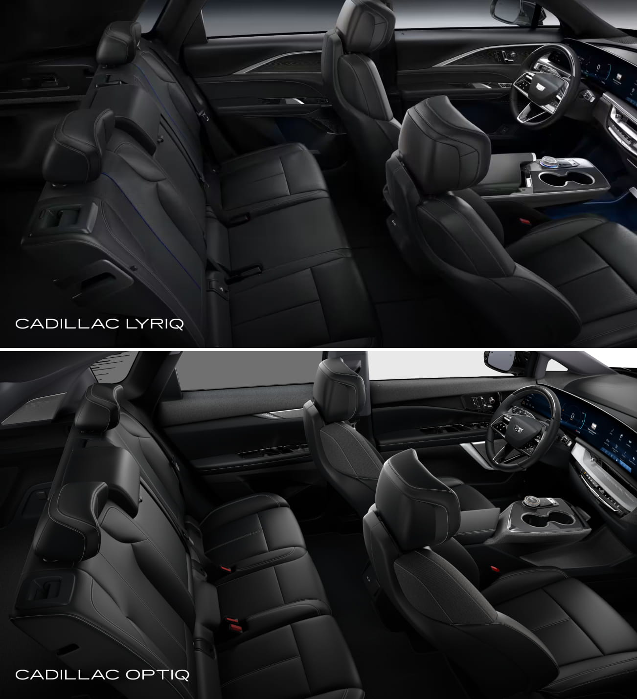 Interior seating comparison of the Cadillac LYRIQ and Cadillac OPTIQ, showing their front and rear seating layouts.