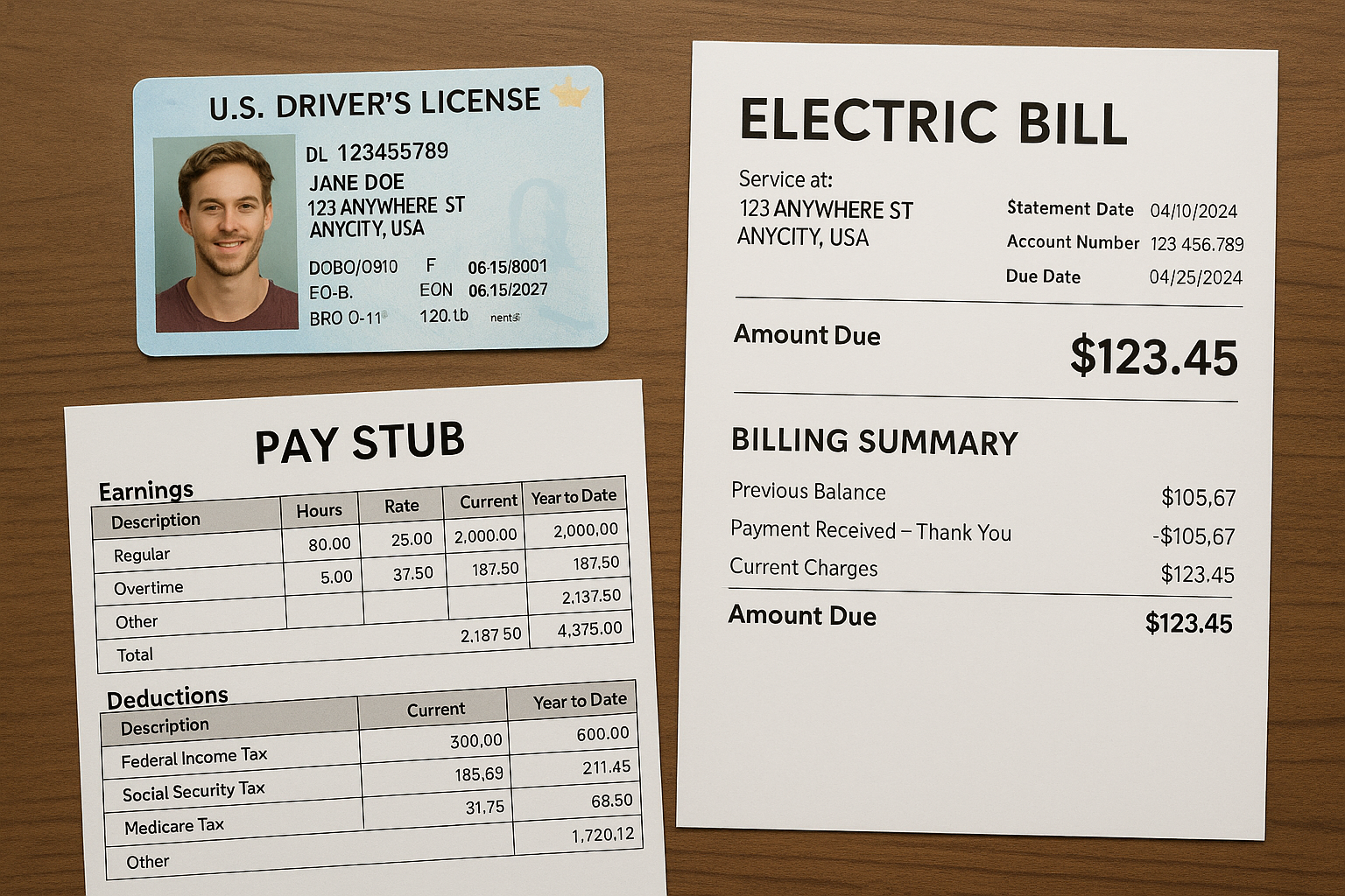 AI generated image of a driver's license, electric bill and pay stub showing acceptable forms of identificaiton and proof of income.