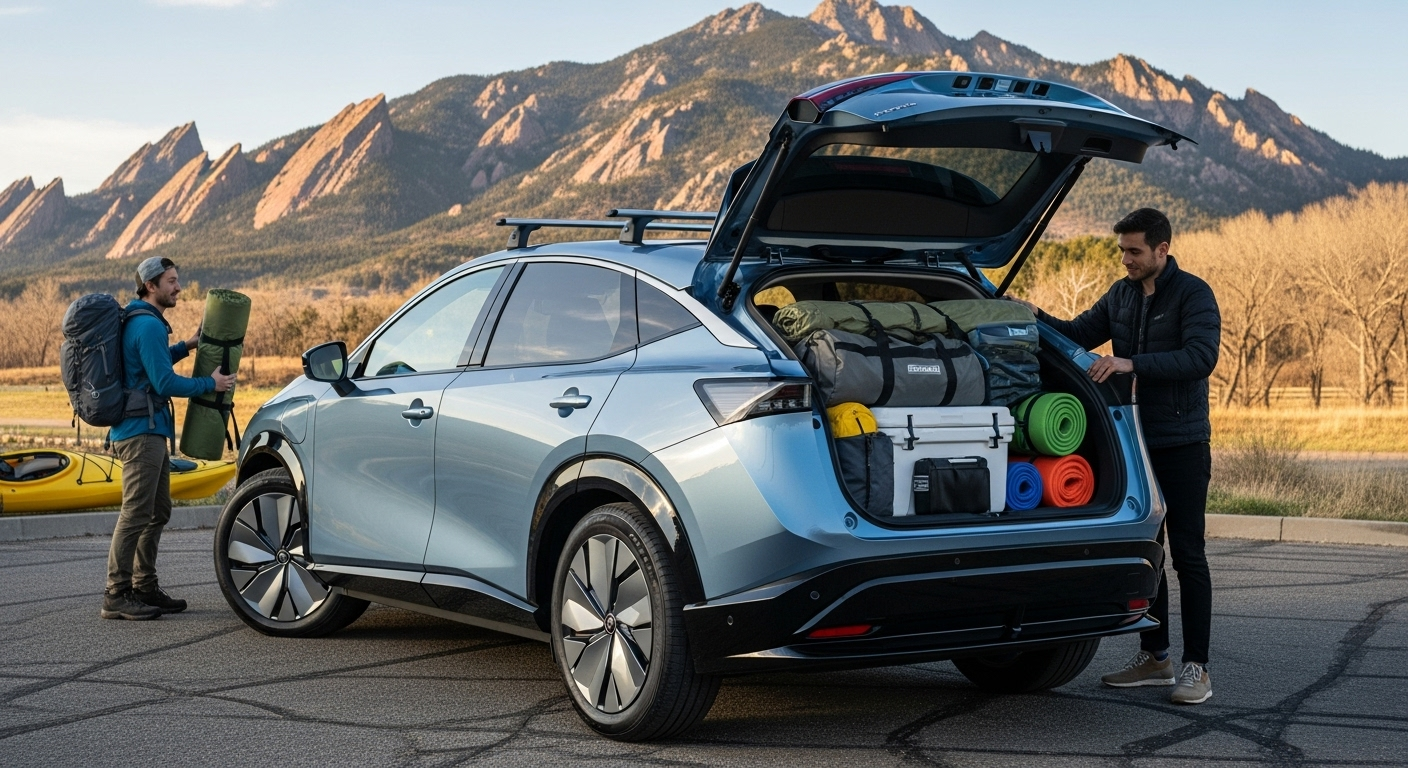 A family loads camping gear into the rear cargo area of a metallic blue Nissan Ariya parked near the Flatirons, illustrating the electric SUV’s everyday versatility.