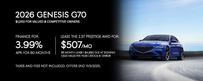 Lease the 2025 G70 2.5T Prestige AWD for $507/mo. for 36 months or Finance for 3.99% APR for 60 months.
