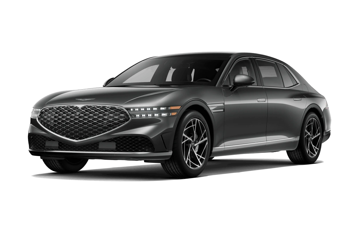 Dark gray Genesis G90 shown from a front three-quarter angle.