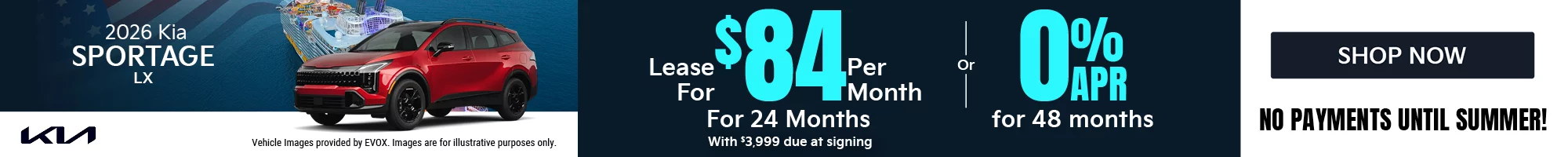 2026 Kia Sportage LX Lease for $84 per month with $5,999 due at signing Or 0.0% APR for 48 months
