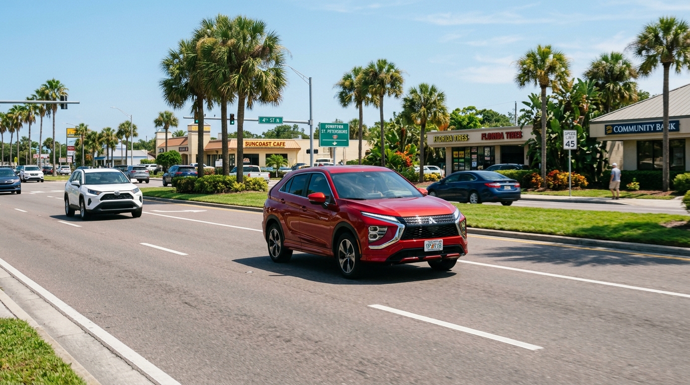 A red Mitsubishi Eclipse Cross driving down a palm-tree-lined road in St. Petersburg, Florida on a sunny day. (Representative image for illustration purposes only. Actual vehicle may vary based on trim and configuration.)