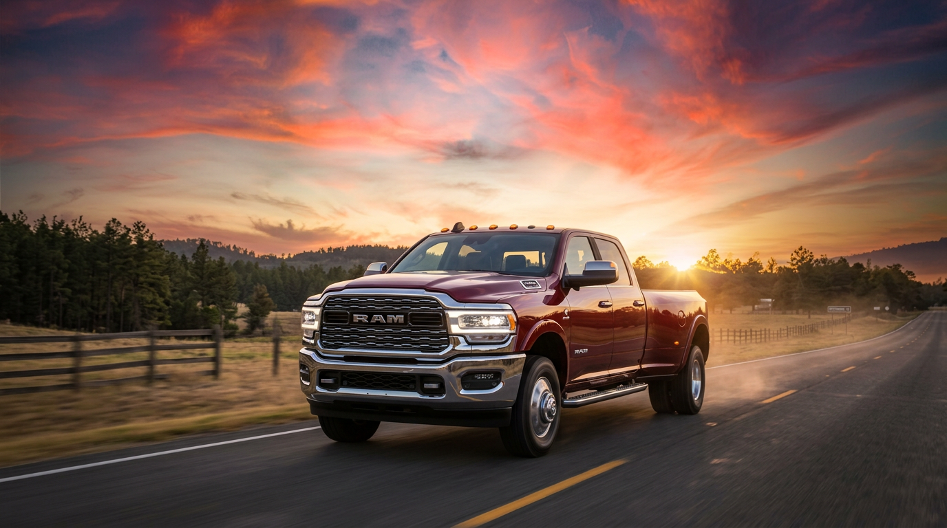 Ram heavy-duty truck driving on a Texas highway at sunset