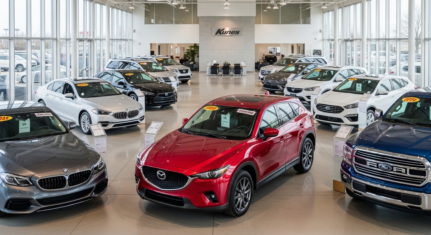 Happy customer trading in car keys at a dealership during a spring event
