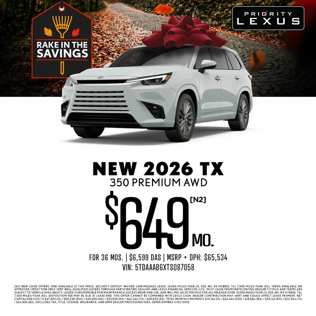 Priority Lexus Rake in the Savings banner: white 2026 Lexus TX 350 Premium AWD with red gift bow on autumn cobblestone path, lease monthly payment offer.