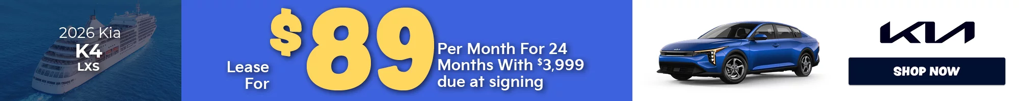 2026 Kia K4 LXS Lease for $89 per month with $3,999 due at signing