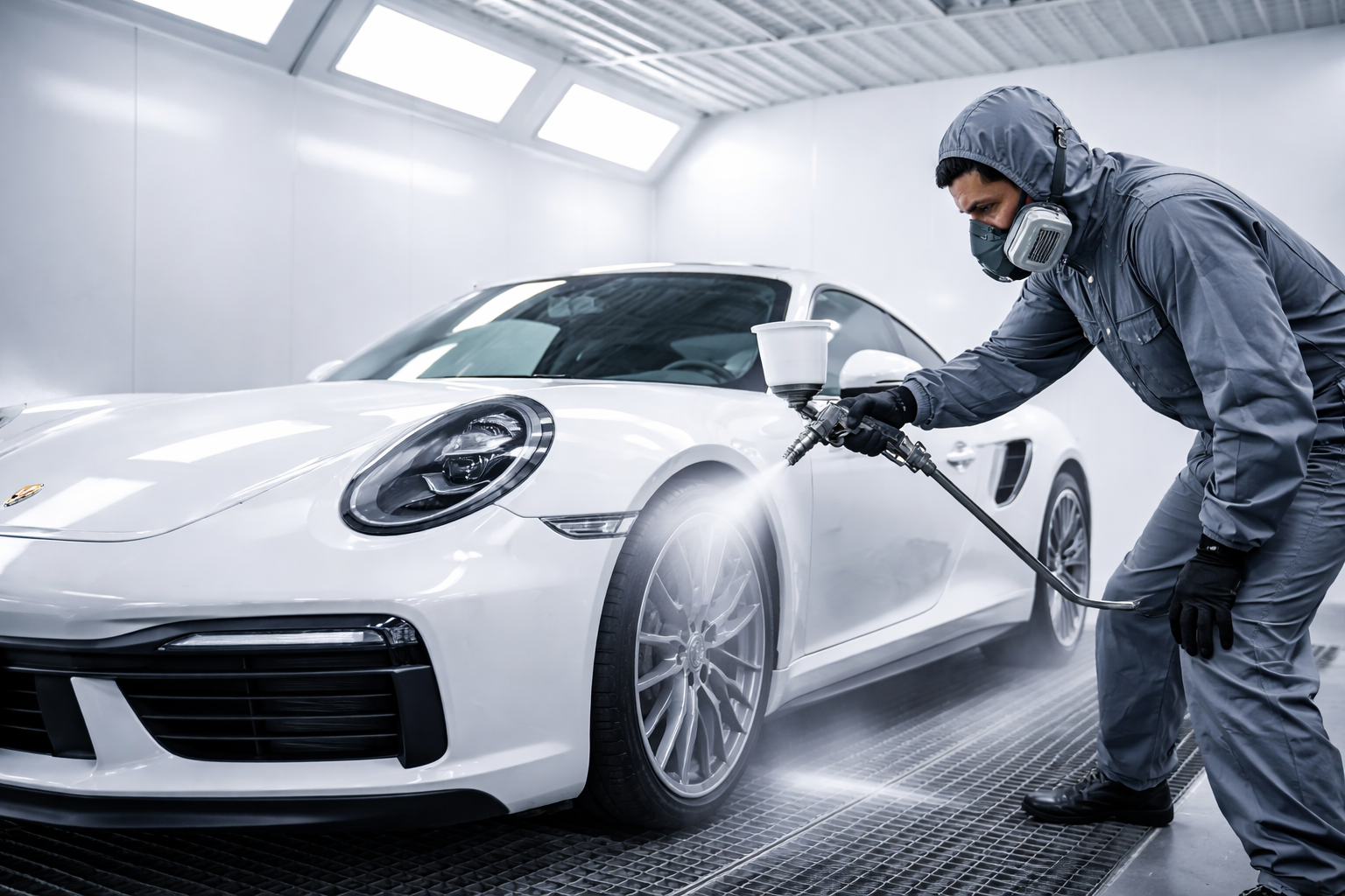 Technician painting a white sports car in the McGovern Collision Center paint booth