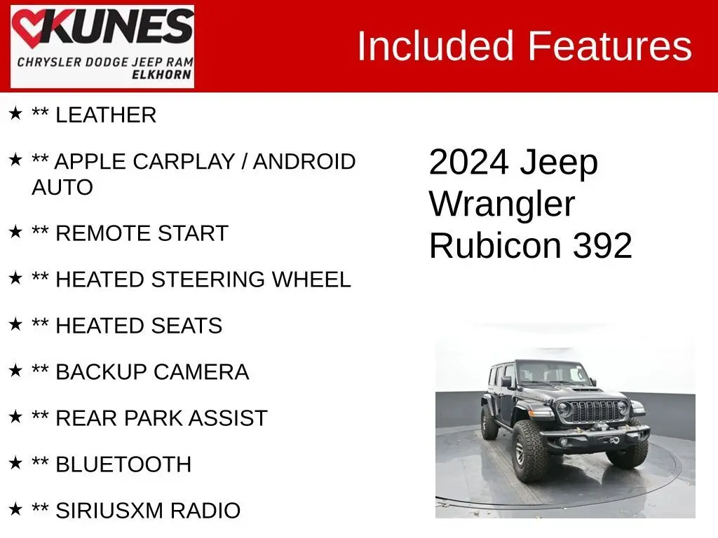 Used 2024 Jeep Wrangler 4-Door Rubicon 392 with VIN 1C4RJXSJ7RW259548 for sale in Elkhorn, WI