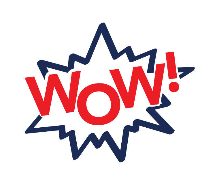 The icon for we believe car buying should wow is, the word wow! written in red with a blue burst surrounding it.