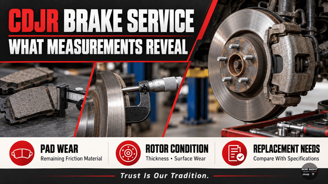 CDJR brake inspection guide graphic covering pad wear, rotor condition, and replacement needs for Lawrence, KS drivers.