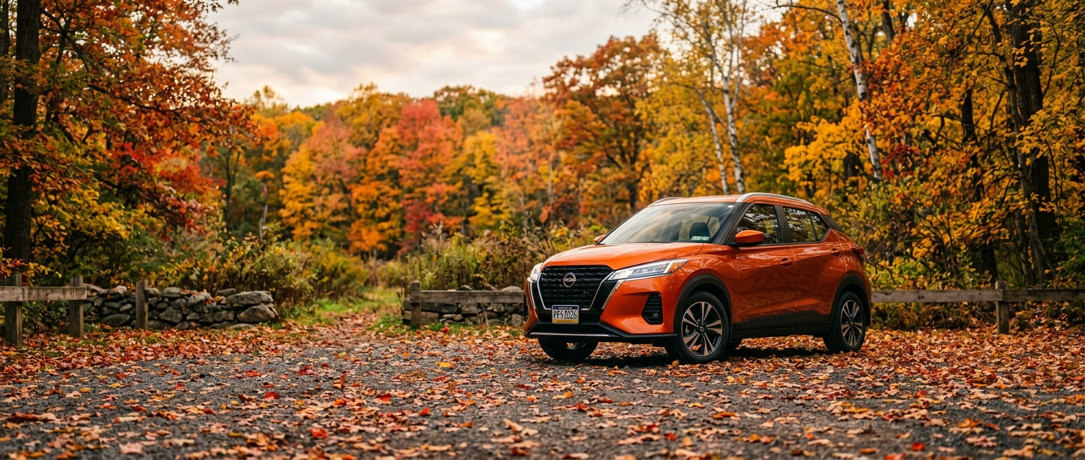2026 Nissan Kicks parked at a Bucks County park during fall foliage season, autumn leaves covering the ground around the vehicle