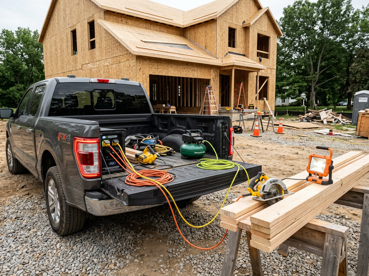 Ford F-150 hybrid with Pro Power Onboard powering tools at a job site