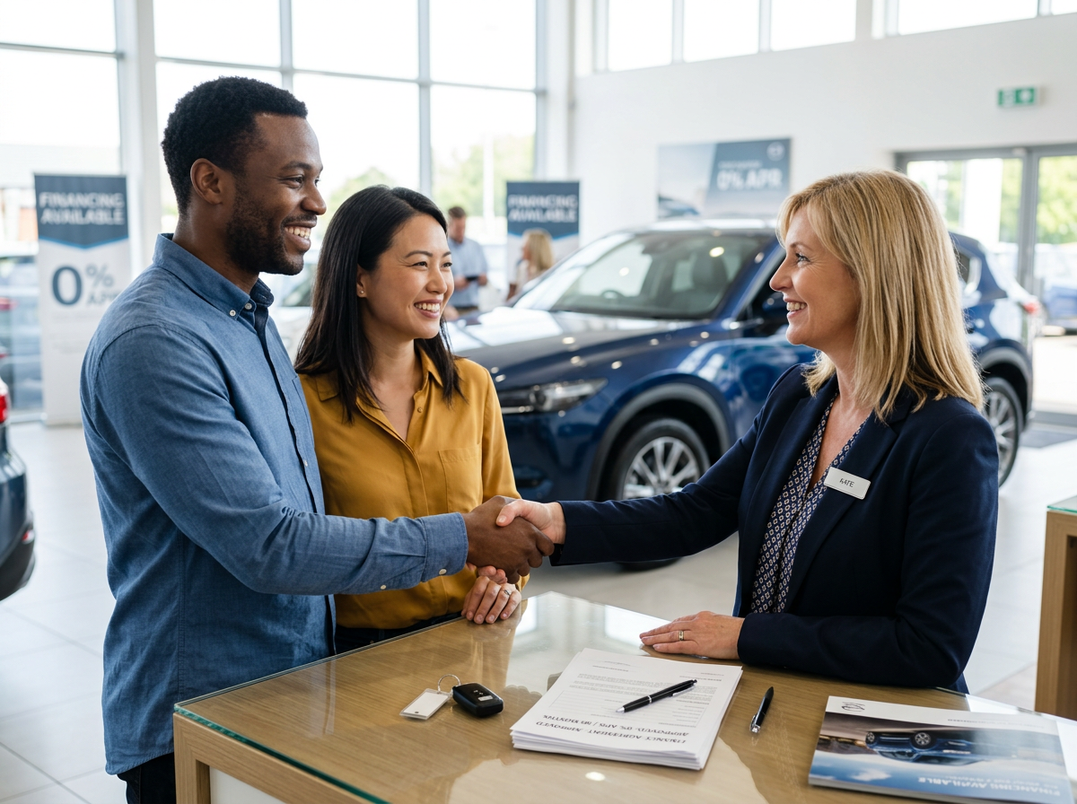 Happy car buyers shaking hands with a dealership representative after securing 0% financing for 60 months