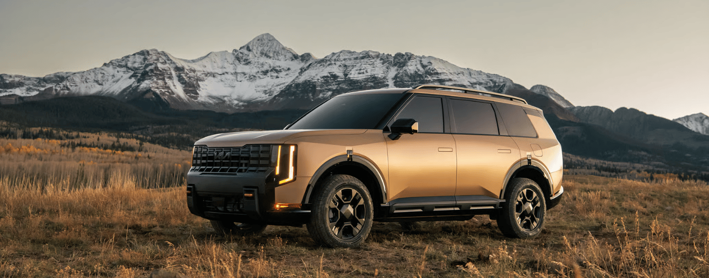 Brown 2027 Kia Telluride parked off-road in front of mountains