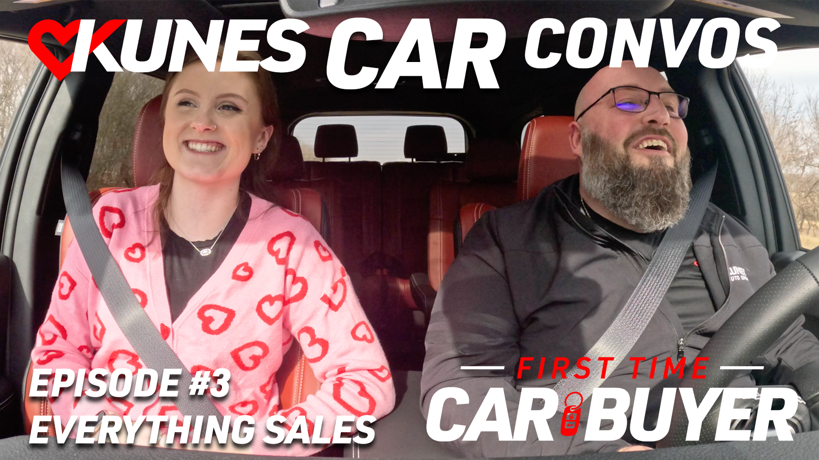 Text reads: Kunes Car Convos; Mike Kramp CEO of Geneva Lakes YMCA
Photo: Mike Kramp, CEO of Geneva Lakes YMCA, and Jen Myers, Marketing Director of Kunes Auto & RV Group, smile at each other while driving in a 2023 Grand Cherokee 4XE