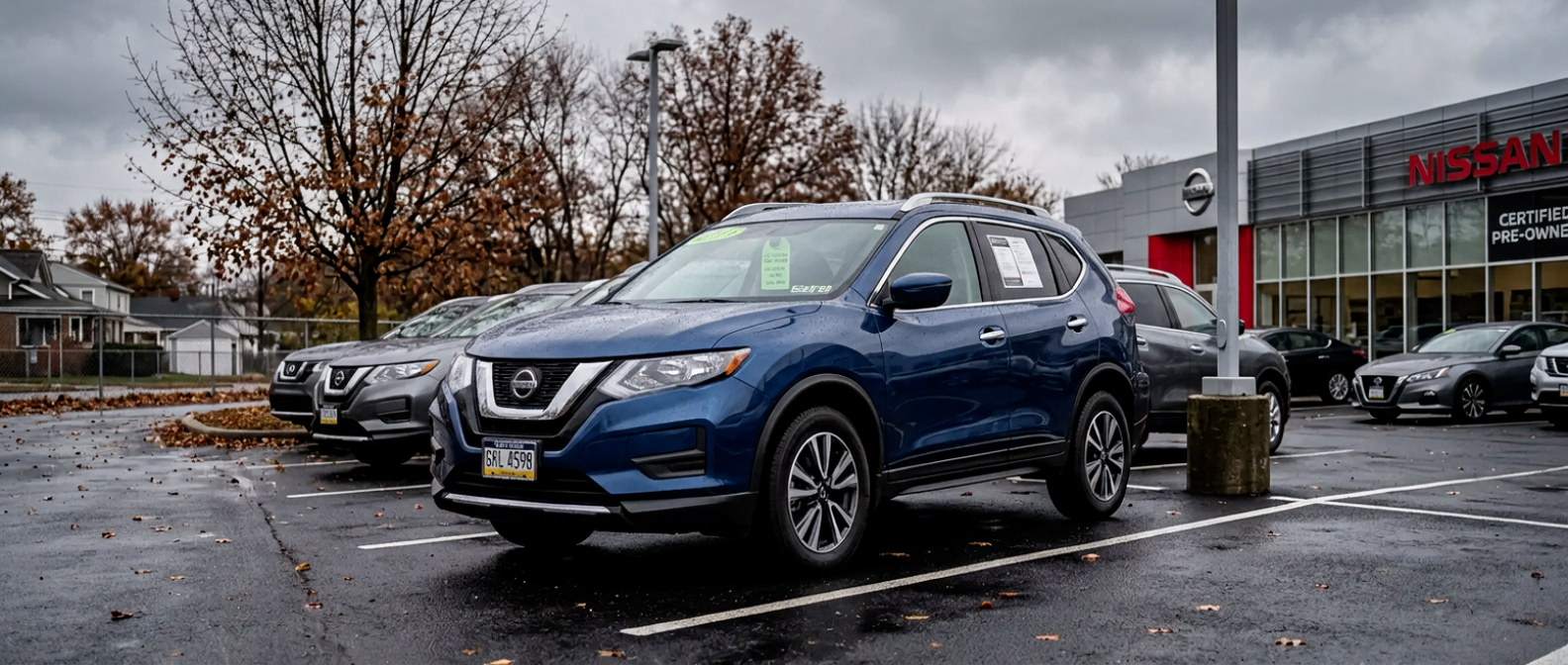 Certified pre-owned Nissan Rogue on a wet suburban lot in Bucks County, PA, ready for inspection