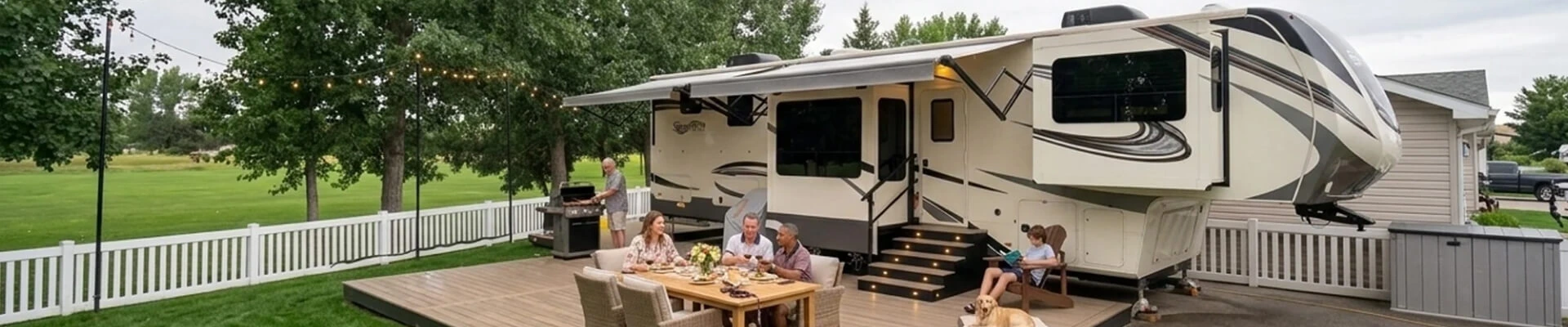 A family grilling and dining around a camp table outside a fifth wheel camper trailer.