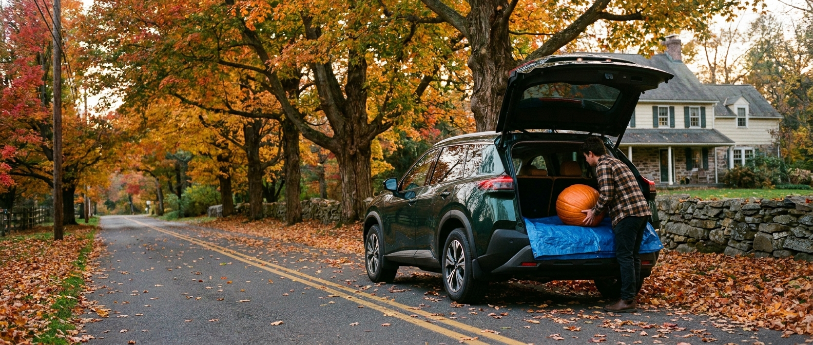 2026 Nissan Rogue cargo area open on Davisville Road in Warminster PA with pumpkins being loaded in fall