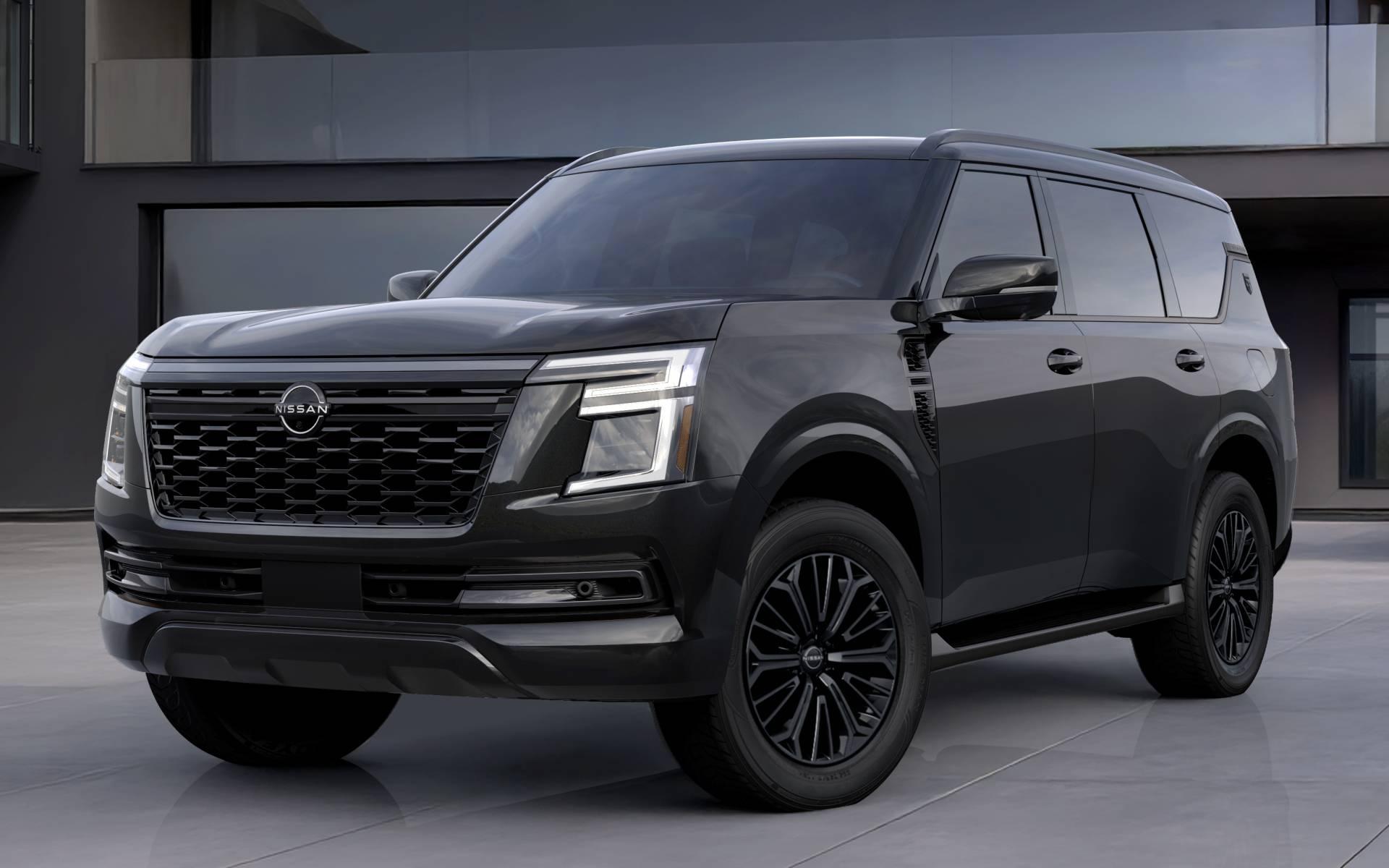 Front three-quarter view of the black 2027 Nissan Armada Dark Armor featuring black alloy wheels, dark exterior accents and a bold front grille.