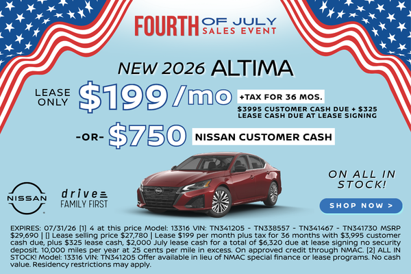 2026 Altima Lease $199/mo. for 36 mos. or $750 Nissan Customer Cash 