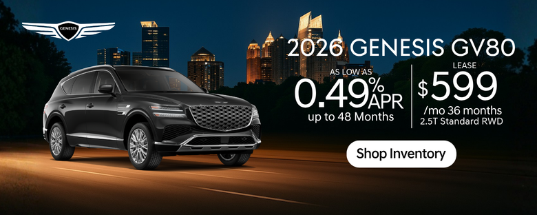 2026 Genesis GV80 driving on a road with promotional text offering 0.49% APR financing for up to 48 months on 3.5T trims and a Shop Inventory call to action.