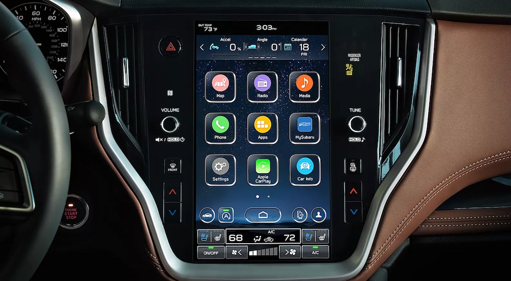 A close-up of the large infotainment screen in a 2025 Subaru Legacy.