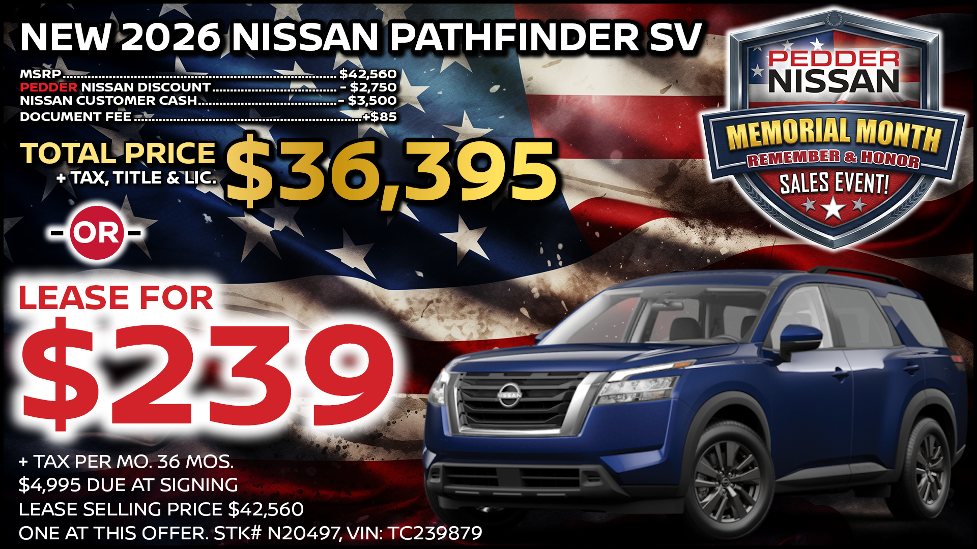 2026 Nissan Pathfinder SV Lease Special