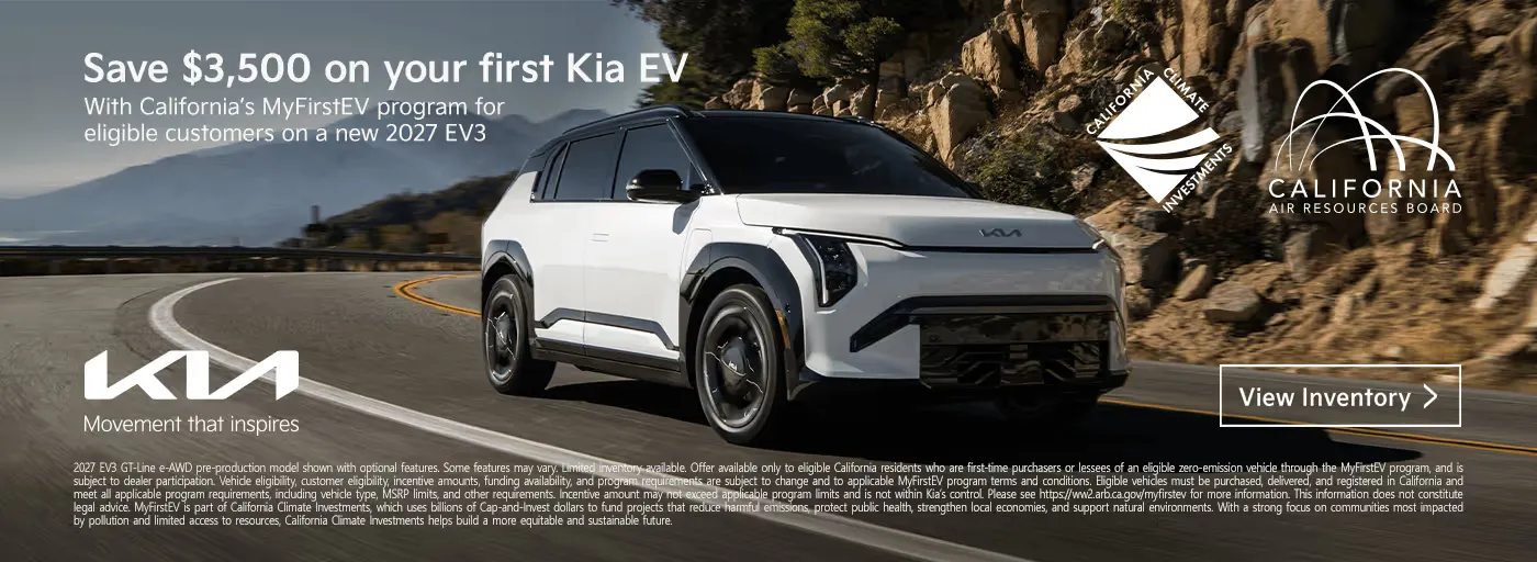 Save $3,500 on a new 2027 Kia EV3 through California's MyFirstEV program for eligible first-time EV buyers.