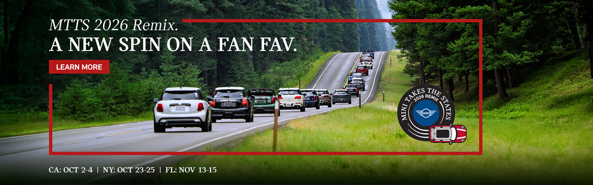 Banner for MINI Takes the States 2026 Remix showing MINI vehicles on a scenic drive and listing event dates in California, New York, and Florida.