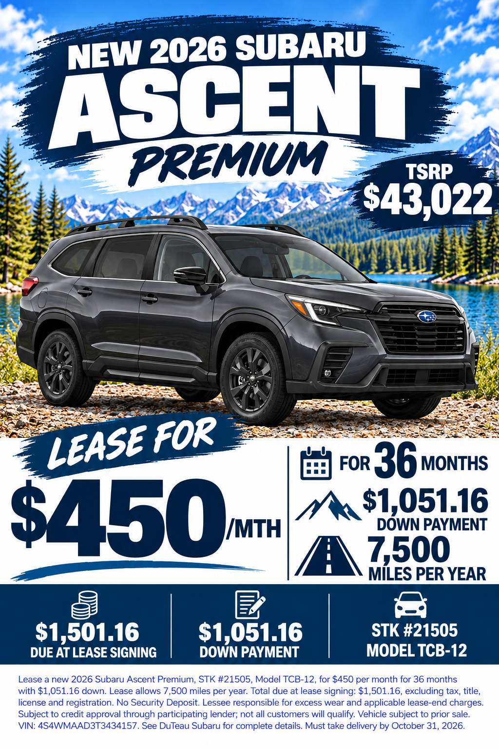 2026 Subaru Ascent Premium Lease Ad with disclaimer text
