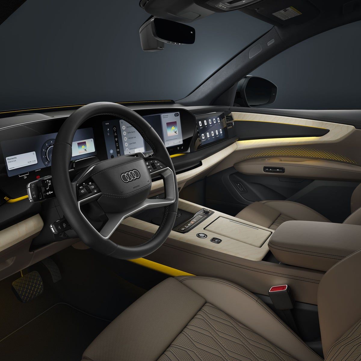 2027 Audi Q9 cockpit with ambient lighting and curved display