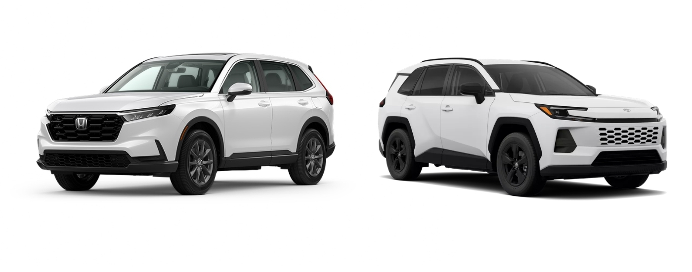 White 2026 Honda CR-V EX-L and left vs 2026 Toyota RAV4 LE angled right