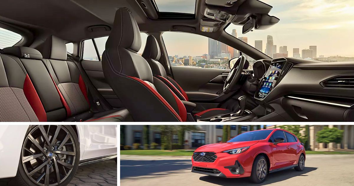 The RS Cloth seats with red accents and contrast stitching, 18-inch alloy wheels, and 2.5-liter 180-hp engine of the 2026 Impreza RS