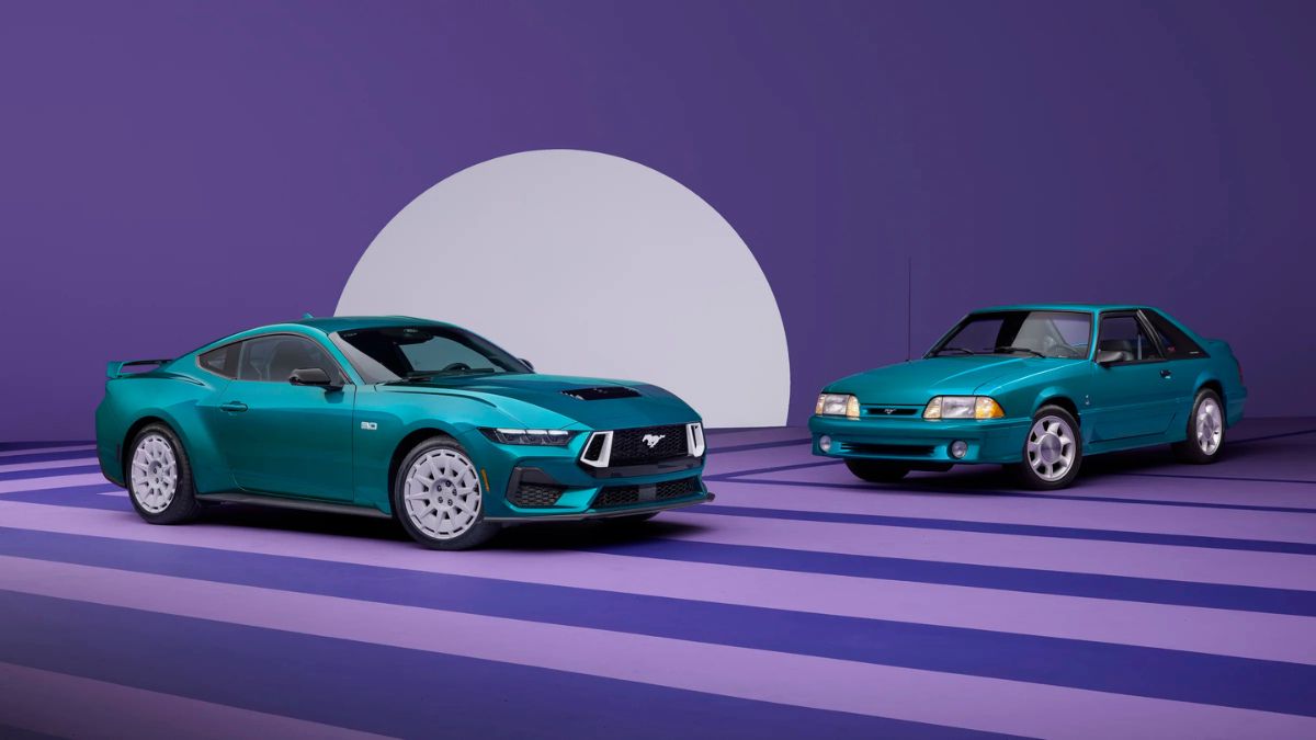 Teal 2026 Ford Mustang with FX Package and Teal 1990s Ford Mustang on Purple Background