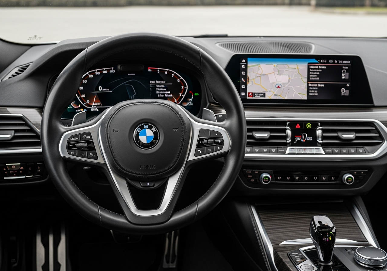 BMW in motion on a scenic road emphasizing performance handling.