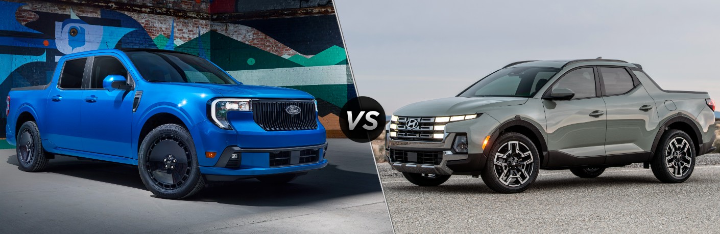 Blue 2025 Ford Maverick Lobo in Alley vs Gray 2025 Hyundai Santa Cruz on Country Road