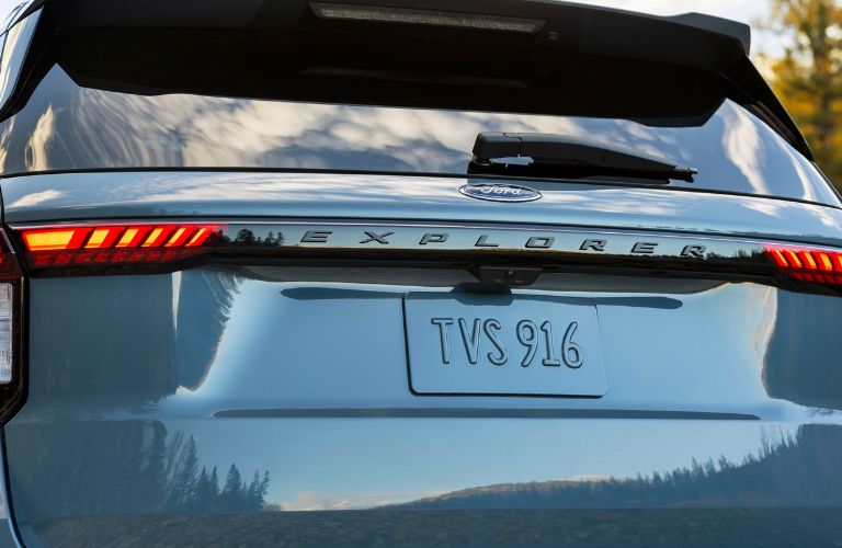 Close Up of Light Blue 2025 Ford Explorer Tailgate and Taillights