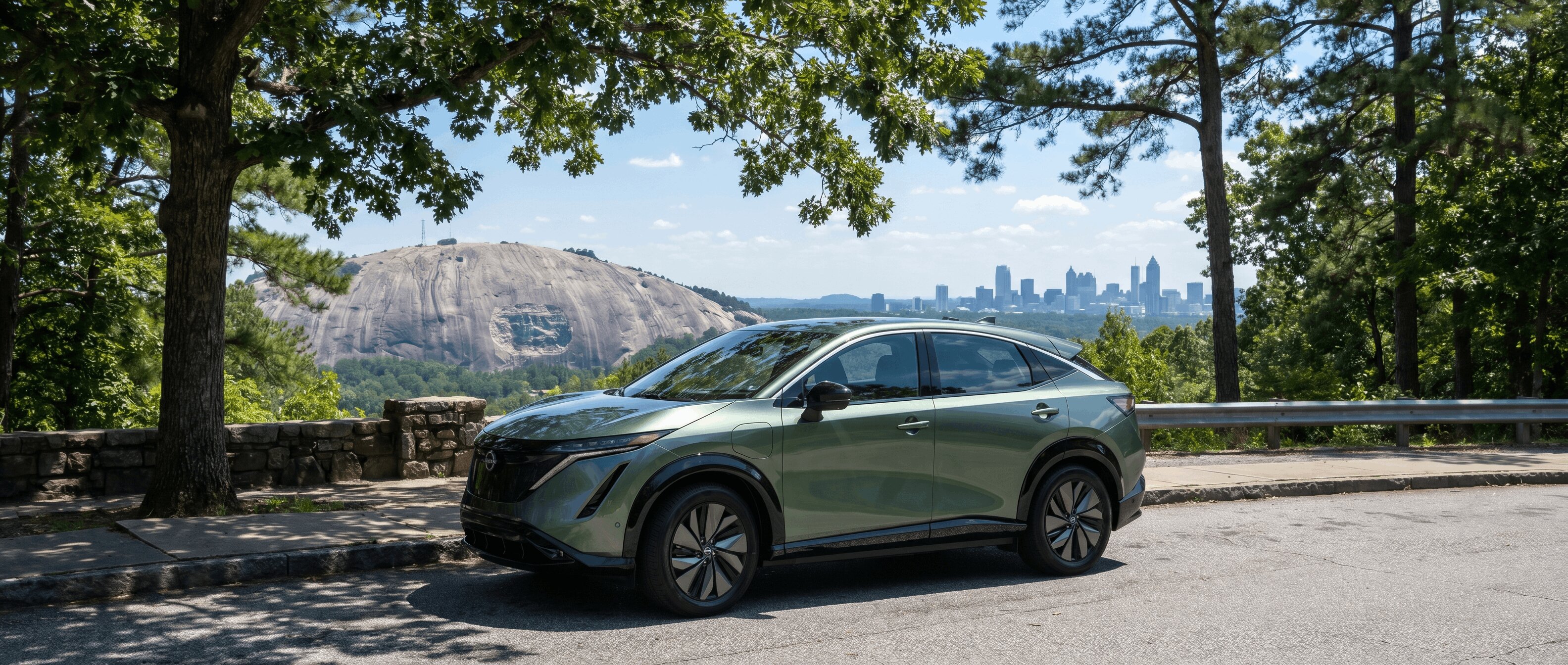 Nissan Ariya electric SUV parked in shade during Atlanta summer heat in Roswell, GA