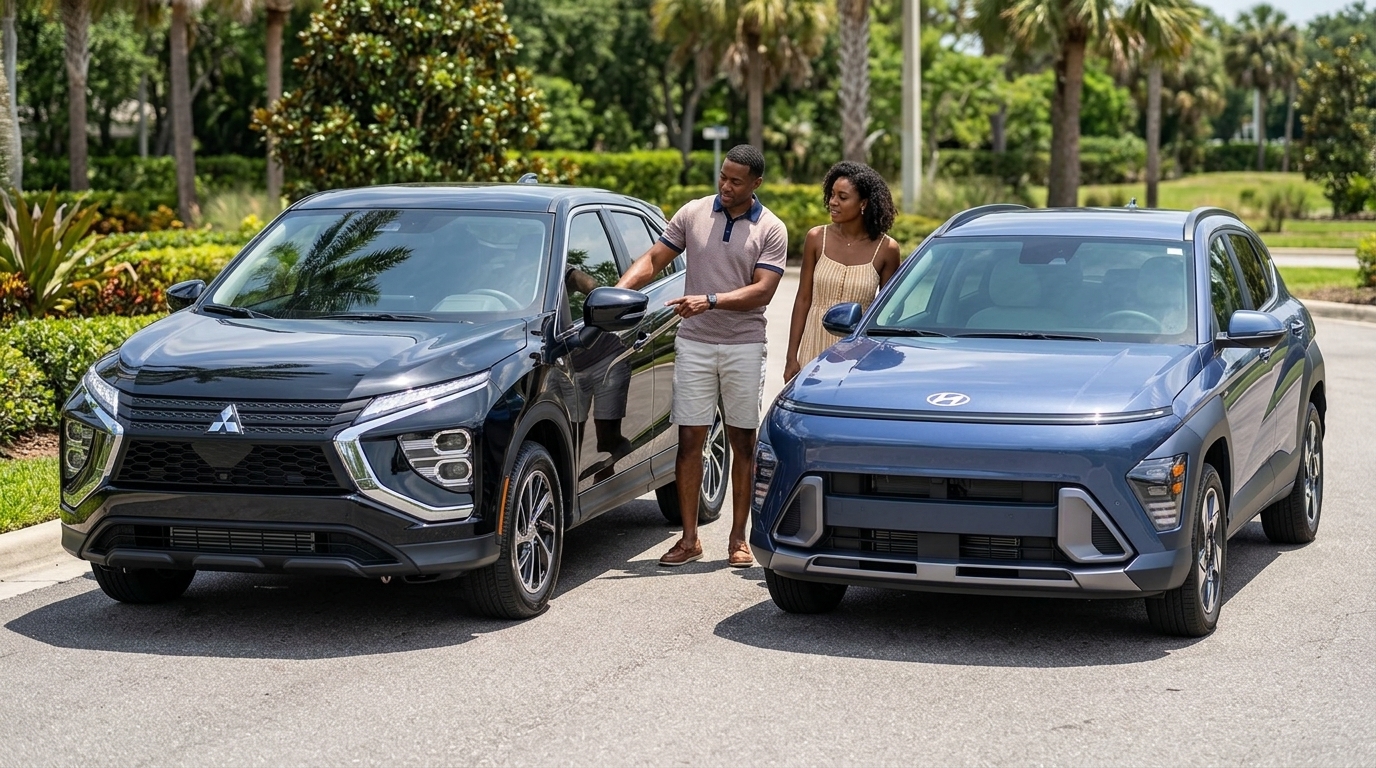 A man and woman examine a black Mitsubishi SUV and a blue Hyundai Kona parked side by side outdoors. (Representative image for illustration purposes only. Actual vehicle may vary based on trim and configuration.)