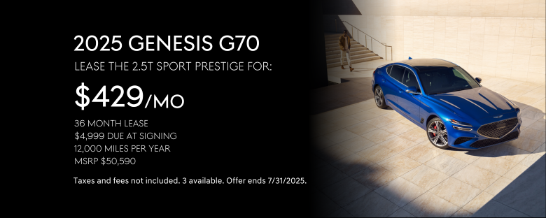 Lease the 2025 Genesis G70 2.5T Sport Prestige for $429 per month.